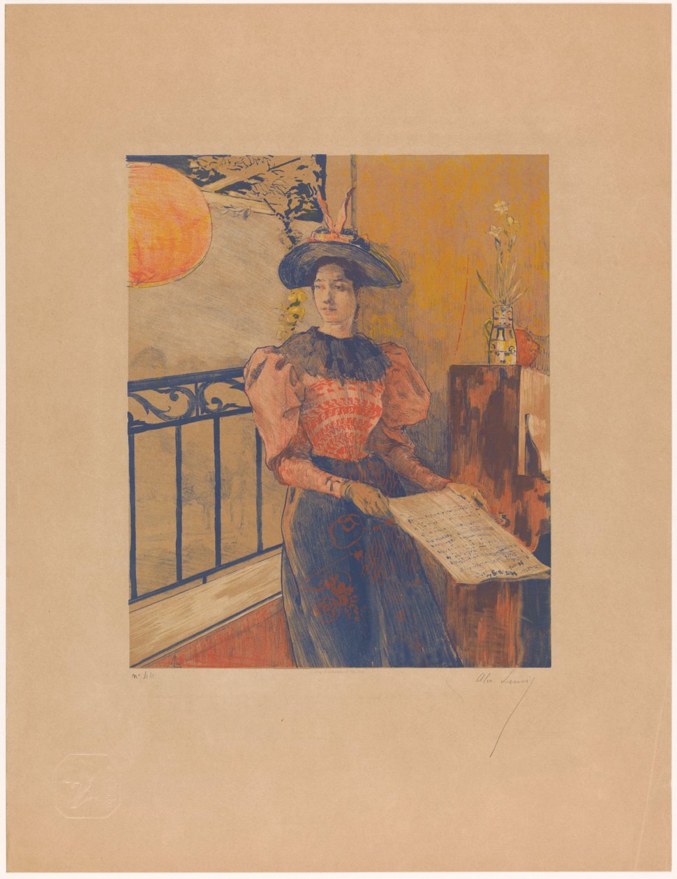 Mulher em pé com partituras nas mãos de Alexandre Lunois (signed by artist)