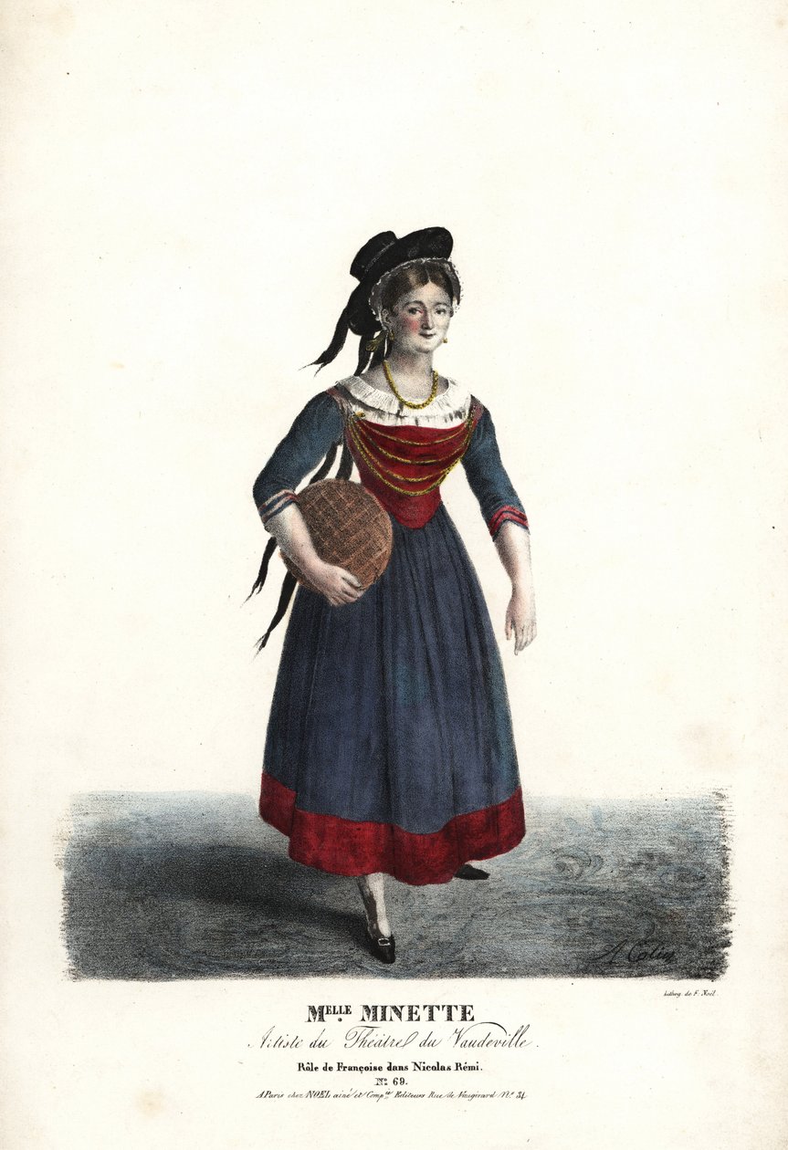 A atriz Mademoiselle Minette ou Jeanne-Marie-Francoise Menestrier como Françoise em Nicolas Remi por Sewrin, Theatre du Vaudeville de Alexandre Marie Colin