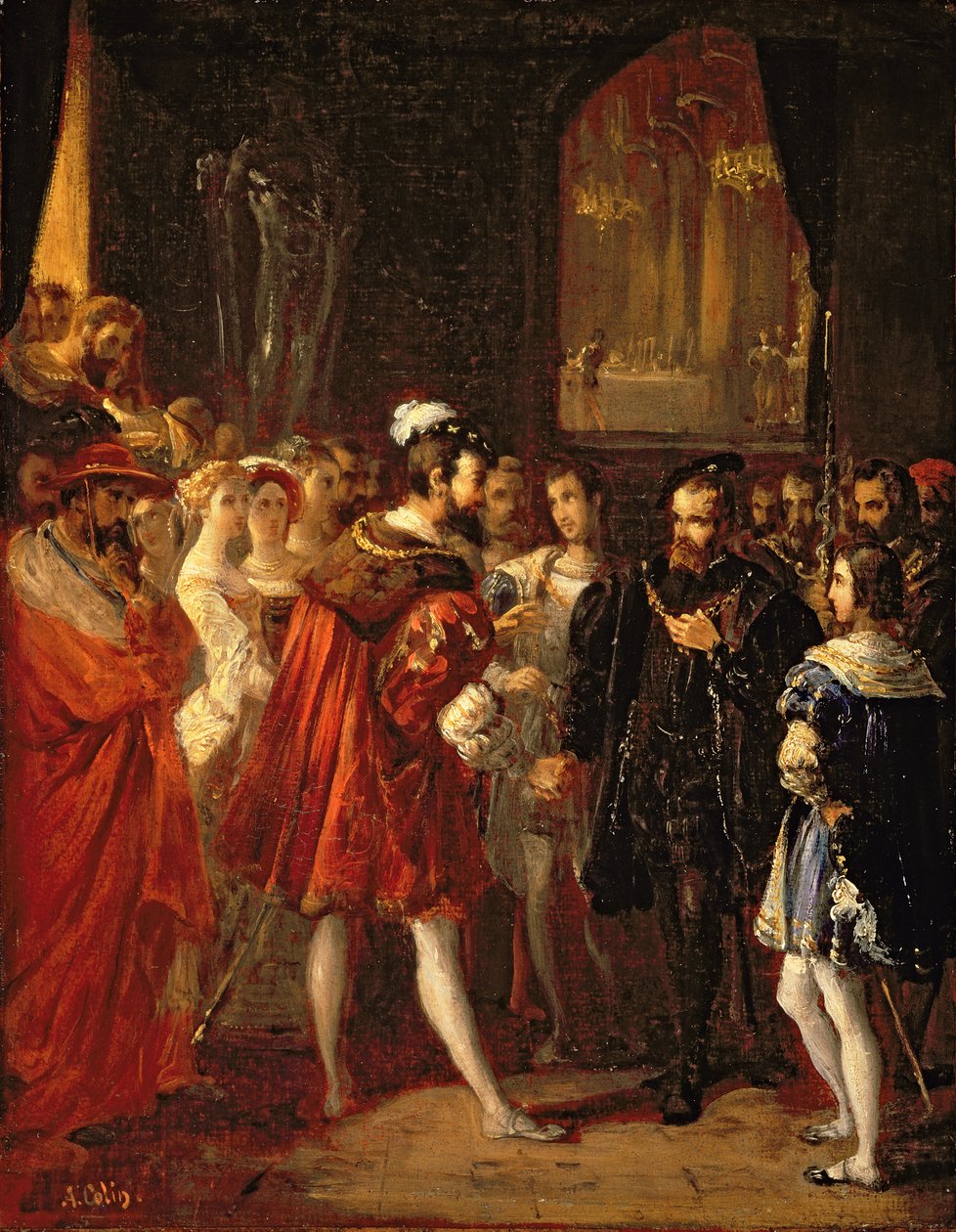 Charles V (1500-58) recebido por Francis I (1494-1547) no Louvre, c.1843 de Alexandre Marie Colin