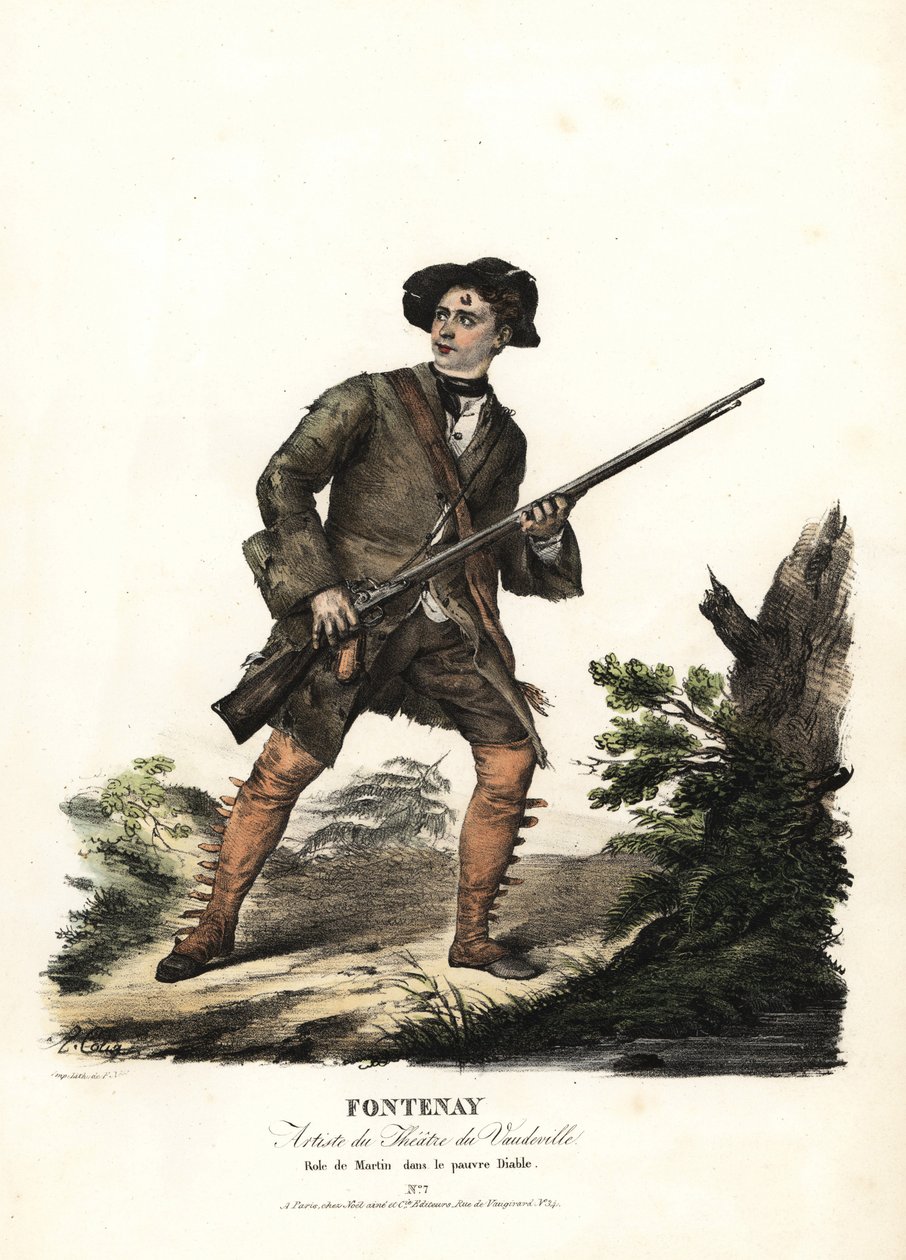 Jean-Baptiste Fontenay e Martin em Le Poor Diable, de Balisson e Dumersan, Theatre du Vaudeville. Litografia colorida de F. Noel depois de uma ilustração de Alexandre-Marie Colin a partir de retratos de atrizes em diferentes papéis, F. Noel, Paris de Alexandre Marie Colin