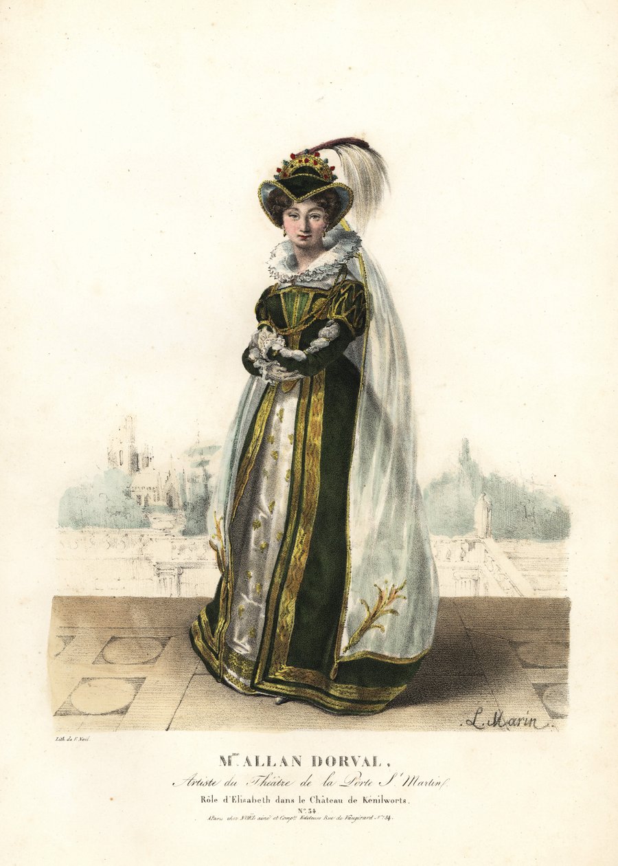 Marie Dorval ou Madame Allan Dorval como Rainha Elisabeth em Le Chateau de Kenilworth por Jean-Baptiste Blache e Henri Lemaire, Theatre de la Porte St. de Alexandre Marie Colin