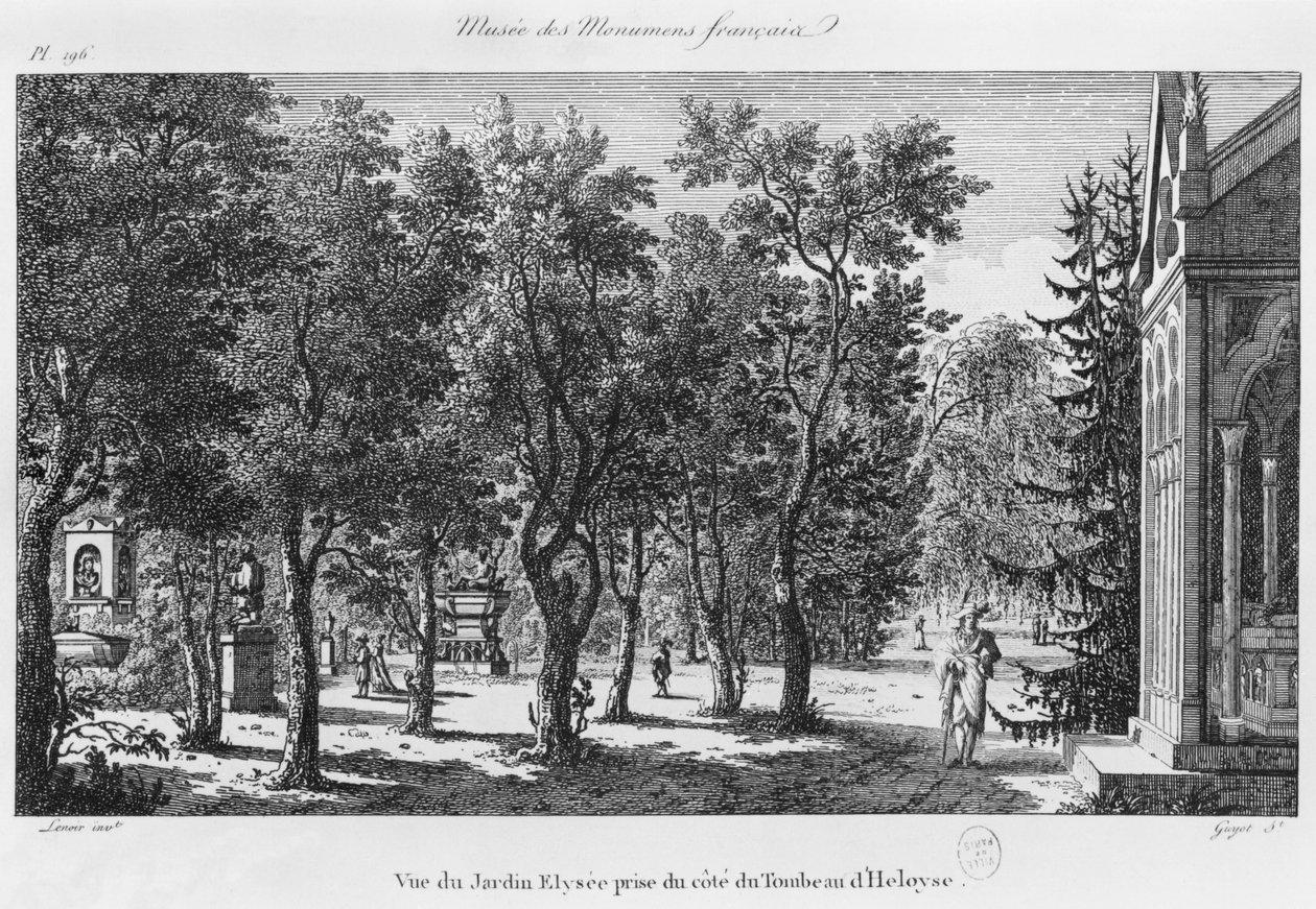 Musée des monuments Français, Paris, vista do Jardin Elysee do túmulo de Heloise e Abelard, gravada por Laurent Guyot (1756-1806) de Alexandre Marie Lenoir