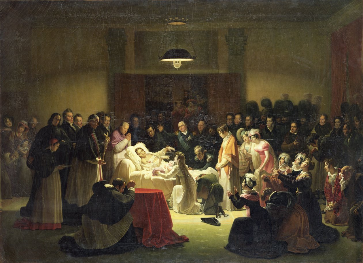 Os últimos momentos de Charles-Ferdinand da França (1778-1820) na sala de administração da Ópera de Paris, 14 de fevereiro de 1820, c.1828 de Alexandre Menjaud