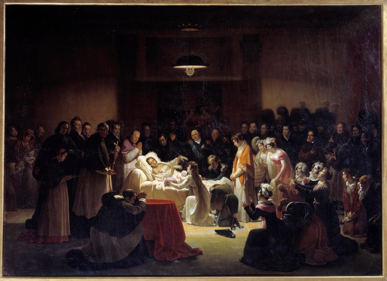 Os últimos momentos do Duque de Berry (1778 - 1820) na Ópera de Paris, rodeado por Luís XVIII e pela família real. Pintura de Alexandre Menjaud (1773 - 1832) de Alexandre Menjaud