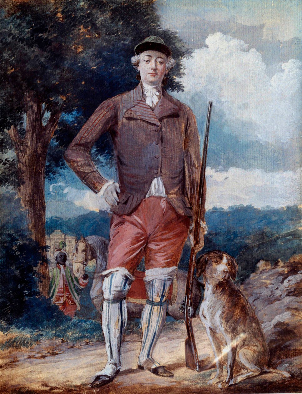 Retrato no pé de Charles-Philippe de França (1757-1836), Conde de Artois, futuro Charles X, no fato de caçador Watercolour de Alexandre Moitte (1750-1828) Século XVIII Amiens, Musee de Picardie de Alexandre Moitte