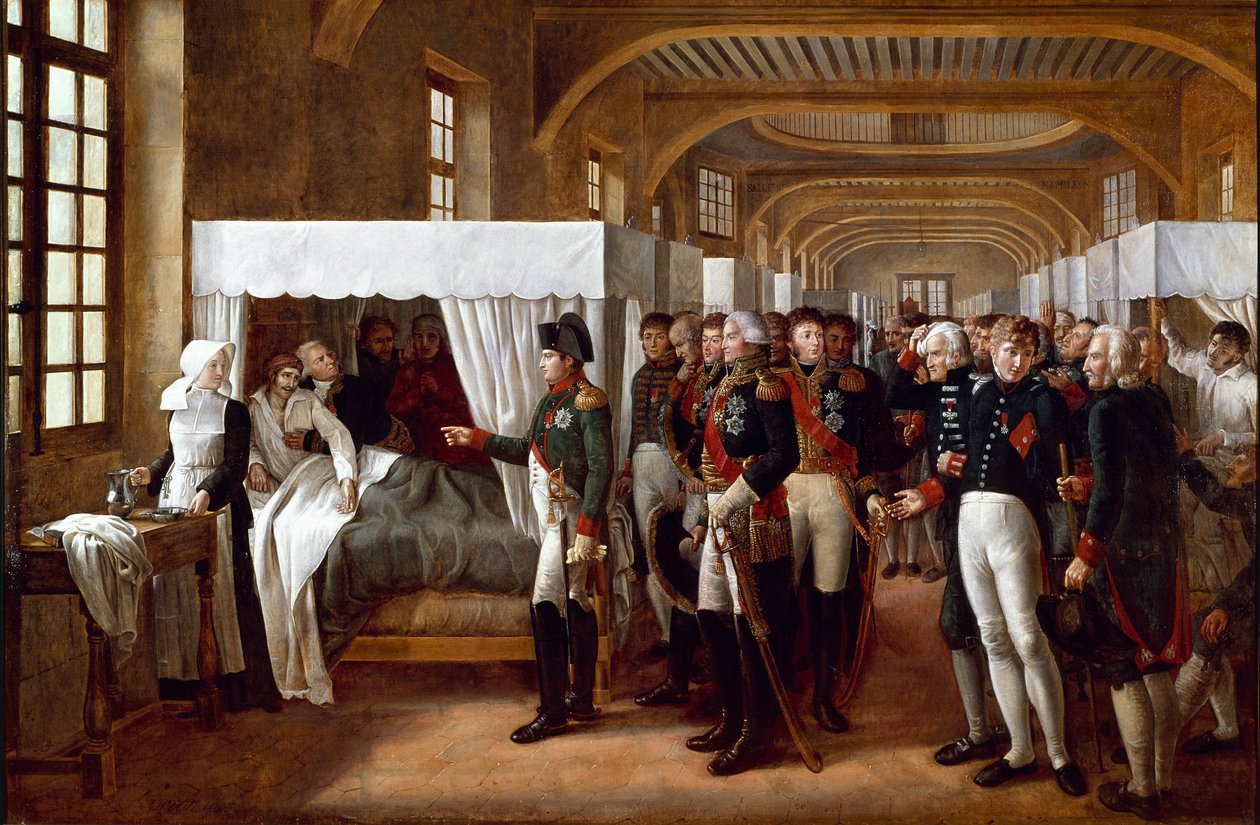 Imperador Napoleão I (1769-1821), acompanhado por médicos e generais (marechal Jean Mathieu Philibert Serurier, governador dos Inválidos, Louis Alexandre (Louis-Alexandre) Berthier e Joachim Murat, Gerard (Geraud) Christophe Michel Duroc, grande marechal de Alexandre Veron Bellecourt