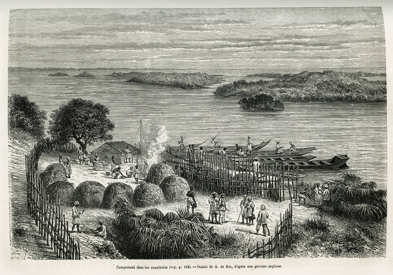 O acampamento fortifica a expedição para se proteger dos canibais Mouana Ntaba, perto do rio Leopold (Congo), desenhada por A.De Bar, para ilustrar a história "Do outro lado do continente misterioso", uma viagem feita entre 1874-1877, por Sir H.M. Stanley. de Alexandre de (after) Bar