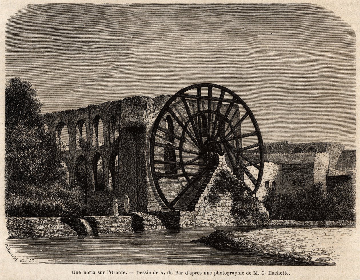 La noria (máquina hidráulica para elevar o nível da água utilizando a energia produzida pela corrente) no rio Oronte, um rio do Oriente Médio que atravessa a Síria até o Mar Mediterrâneo, desenhada por A.de Bar, para ilustrar a missão de Ernest Renan (1 de Alexandre de (after) Bar