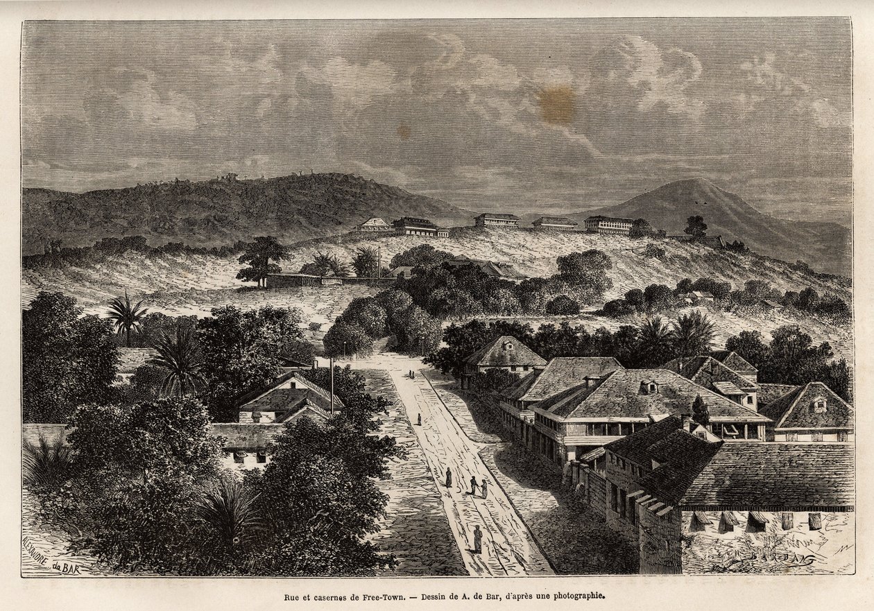 Rue et barracks de Freetown, Serra Leoa, gravada após o desenho de A. de Bar, ilustrando a viagem à Côte d