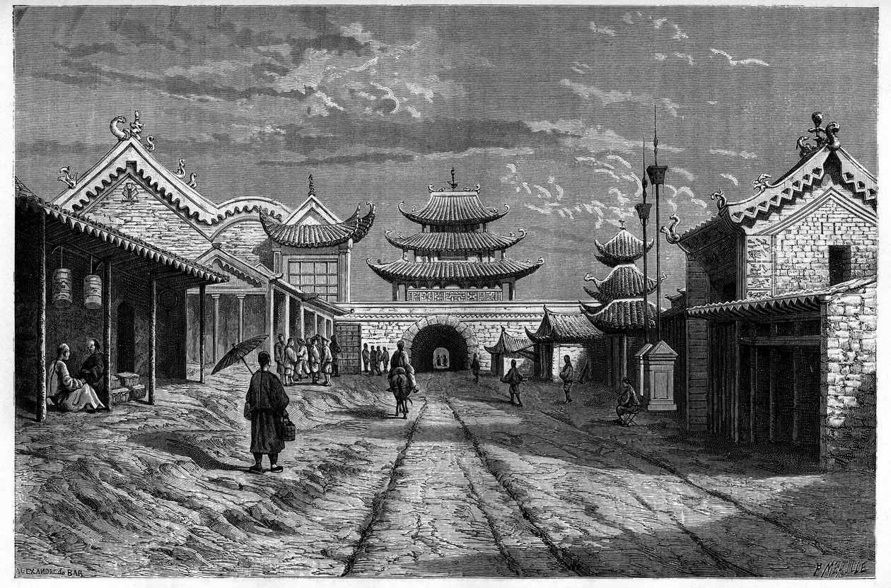 Vista de uma rua em "Youn Tchen Sian", China. Gravura após um desenho de A. de Bar, em "Le Tour du Monde, Nouveau journal des Voyages", editado por Edouard Charton, Paris de Alexandre de (after) Bar