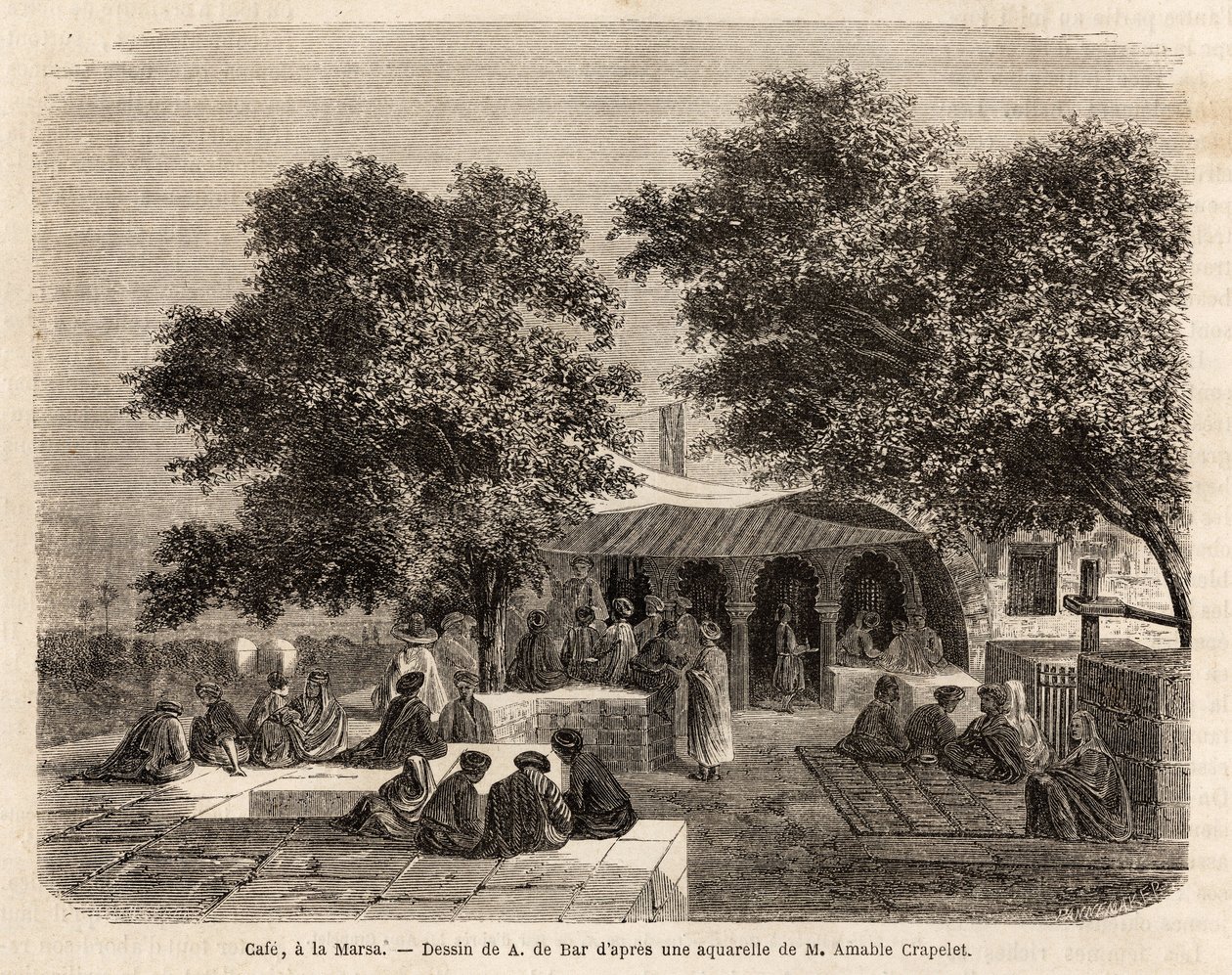 Vista de um café em La Marsa (Tunísia), desenho de A.de Bar, para ilustrar uma viagem a Tunísia, em 1859, de Amable Crapelet. Gravura em "Le tour du monde", editado por Edouard Charton de Alexandre de (after) Bar