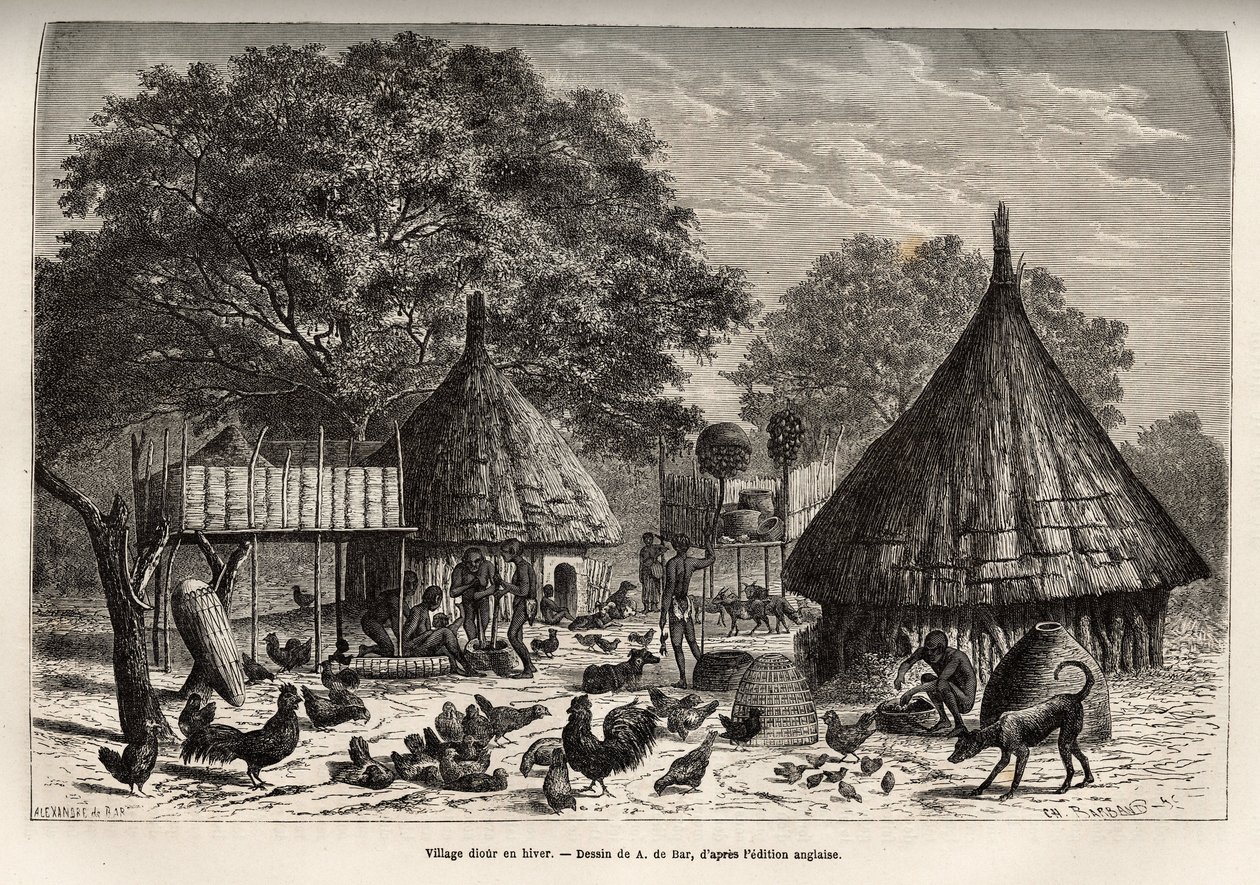 Diour da aldeia no inverno (Sudão) e atividades diárias dos habitantes no meio dos animais criados pela comunidade, gravados após o desenho de A. de Bar, ilustrando a viagem ao coração da África em 1868-1871, pelo Dr. Georges Schweinfurt de Alexandre de (after) Bar