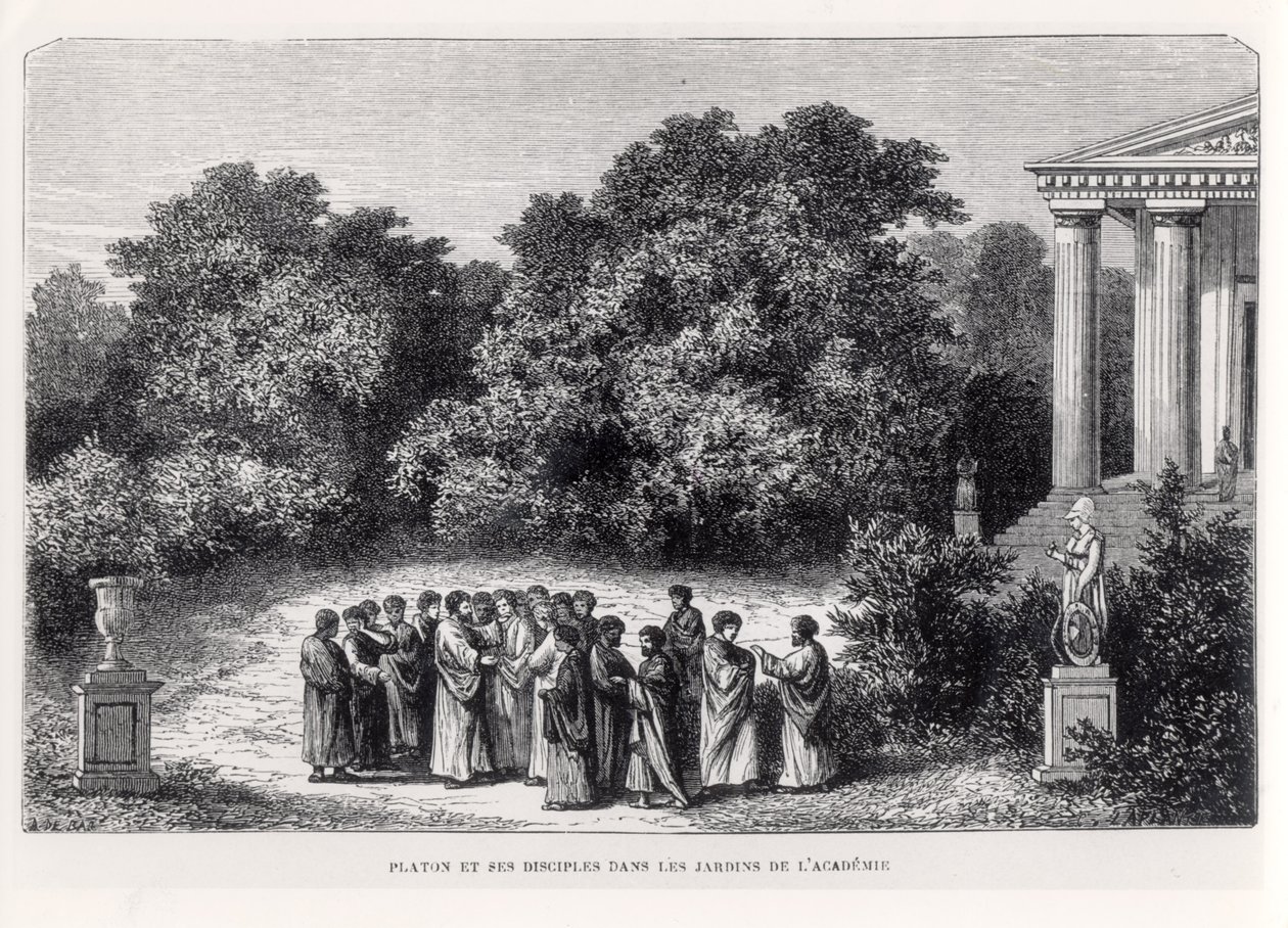 Platão (c.427-c.348 aC) e seus discípulos no Jardim da Academia, de "La Vie des Savants Illustres", de Louis Figuier, gravados por Laplante, c.1870 de Alexandre de Bar