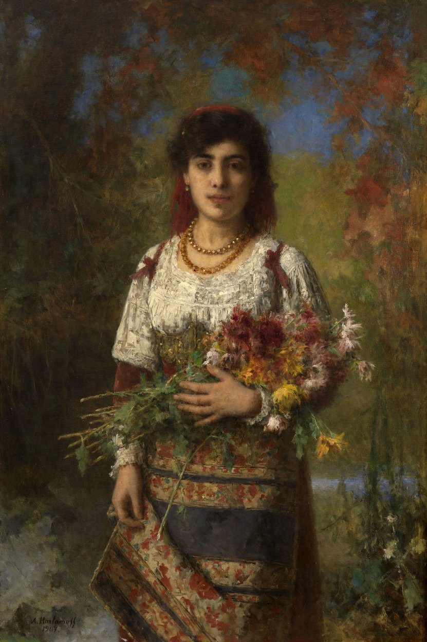 Um, mulher jovem, com, flores de Alexei Harlamov
