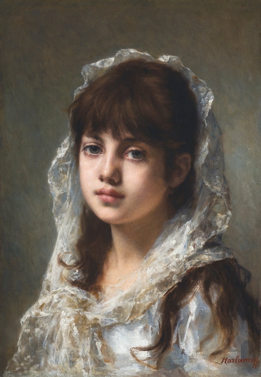 Menina jovem, com, um, branca, echarpe de Alexei Harlamov