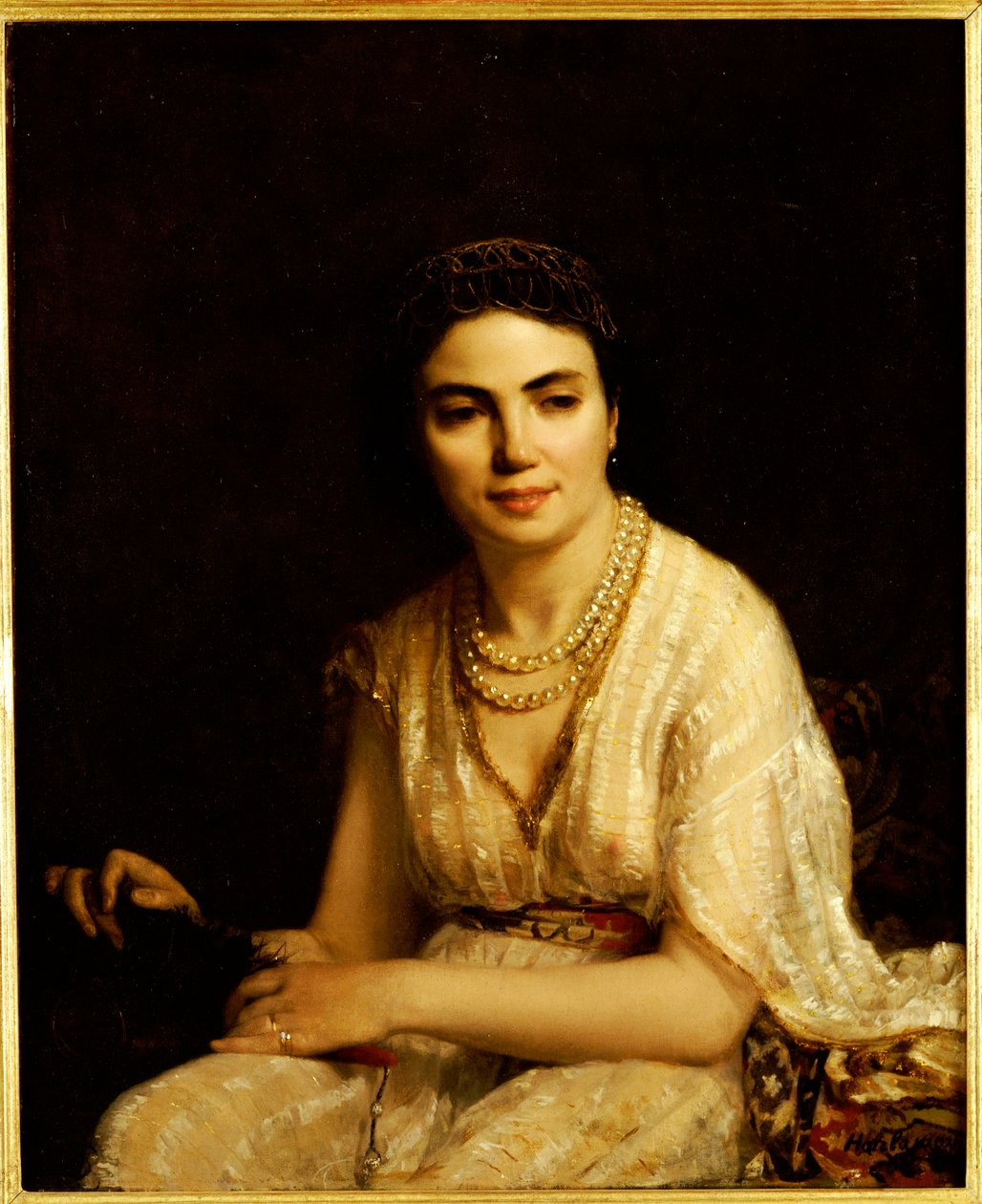 Retrato, mulher, desgastar, pérola, colar, segurando, ventilador de Alexei Alexevich Harlamoff