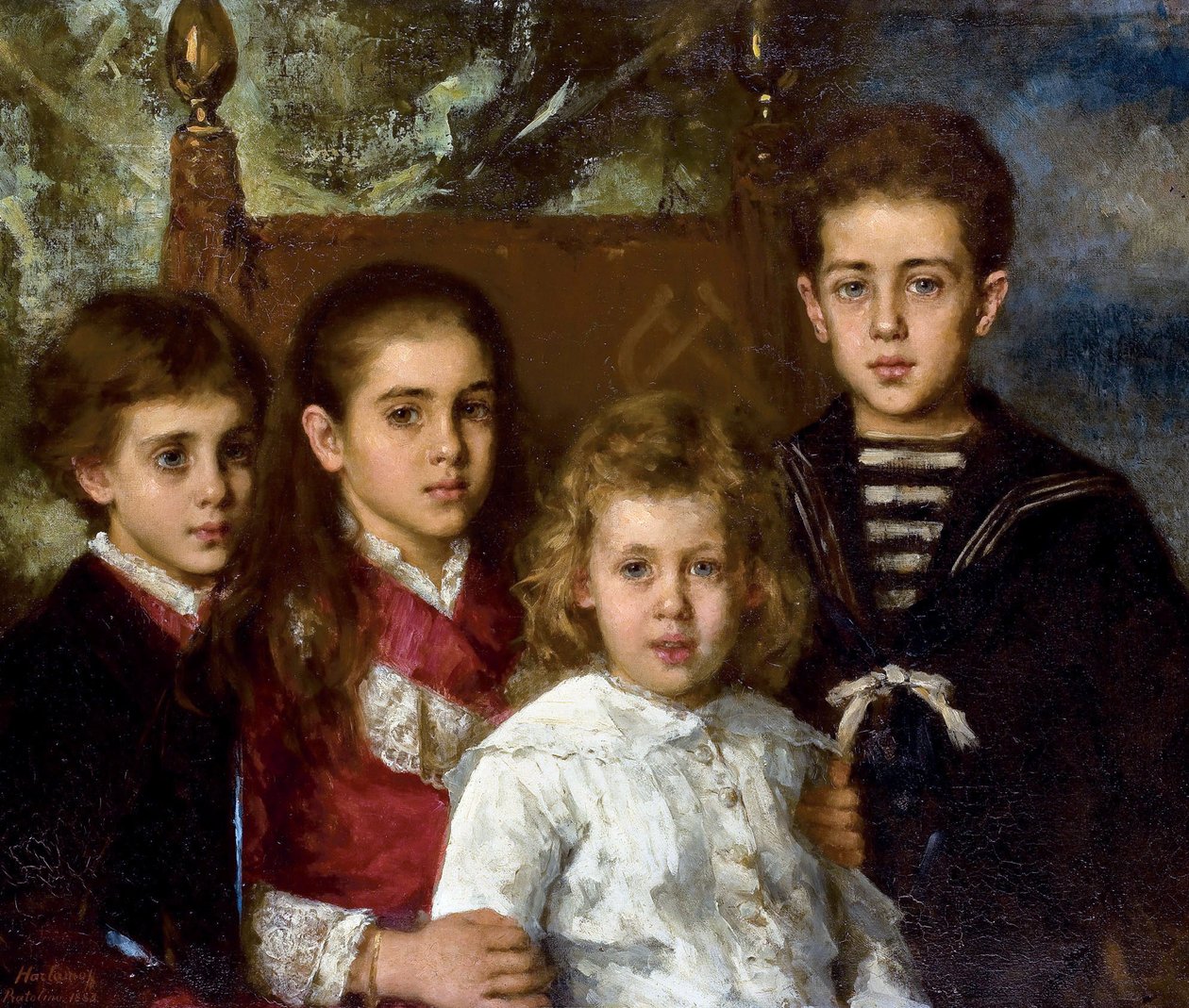 Retrato das crianças de Paul Pavlovich Demidoff, 2º Príncipe de San Donato (1839-1885), Aurore Anatol, Maria e Pavel - Peinture de Alexei Alexeyevich Harlamov (1840-1922) - 1883 - Óleo sobre tela - 76,5x90 - Coleção Particular de Alexei Alexevich Harlamoff