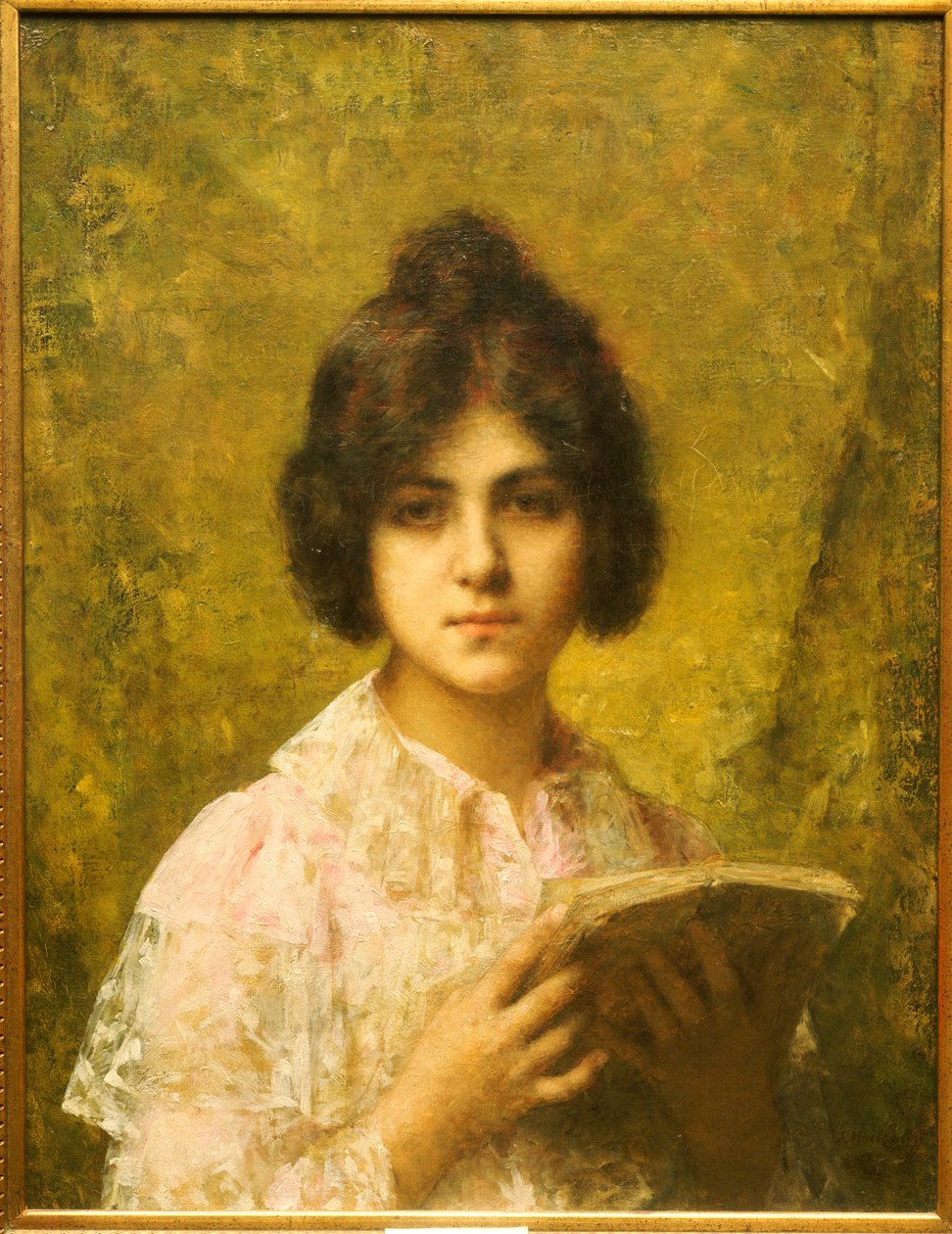 Jovem mulher segurando um livro de Alexei Alexevich Harlamoff