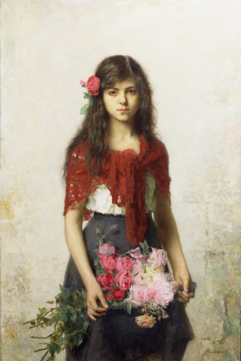 Menina jovem, com, flores de Alexei Alexevich Harlamoff