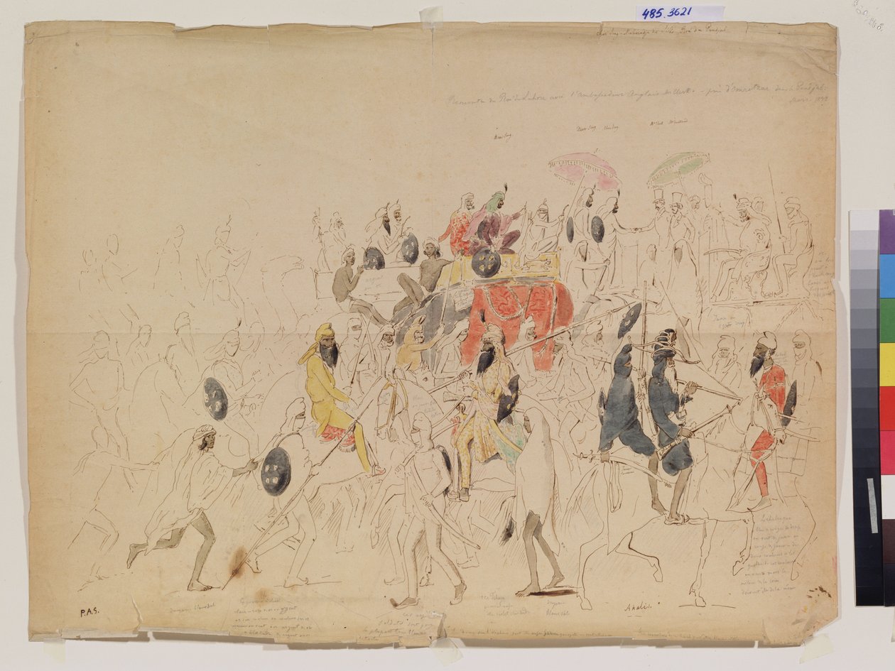 O encontro do marajá Sher Singh (1807-1843) do Punjab (Índia) e do embaixador britânico Clark (?) em 1842. Obra de Alexei Dmiitryevich Saltykov (1806-1859), lápis, aquarela e tinta sobre papel de Alexei Dmitrievich Saltykov