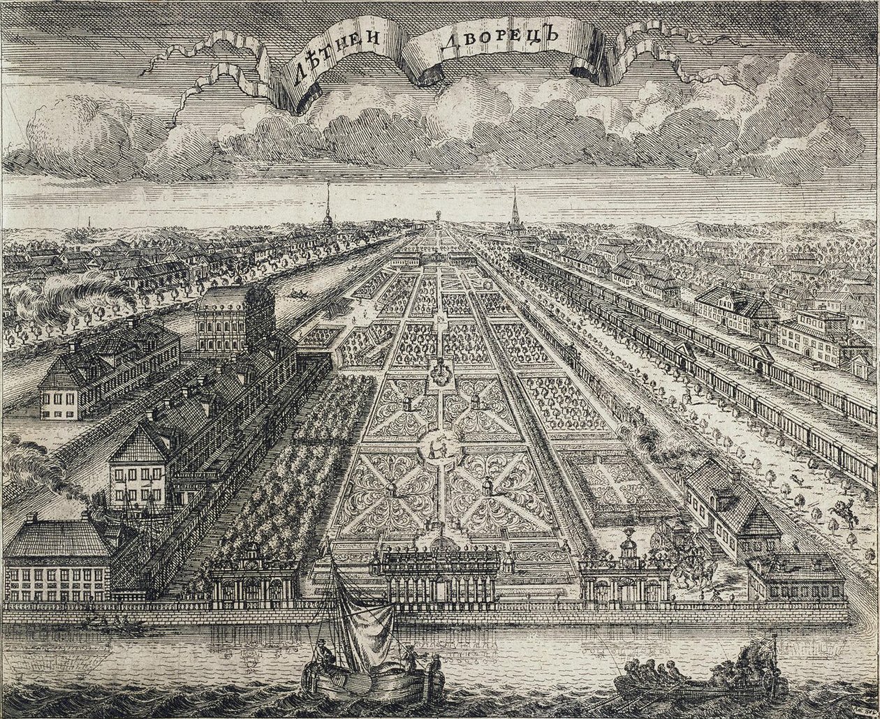 Vista dos jardins de verão do rio Neva, 1717 de Alexei Fyodorovich Zubov