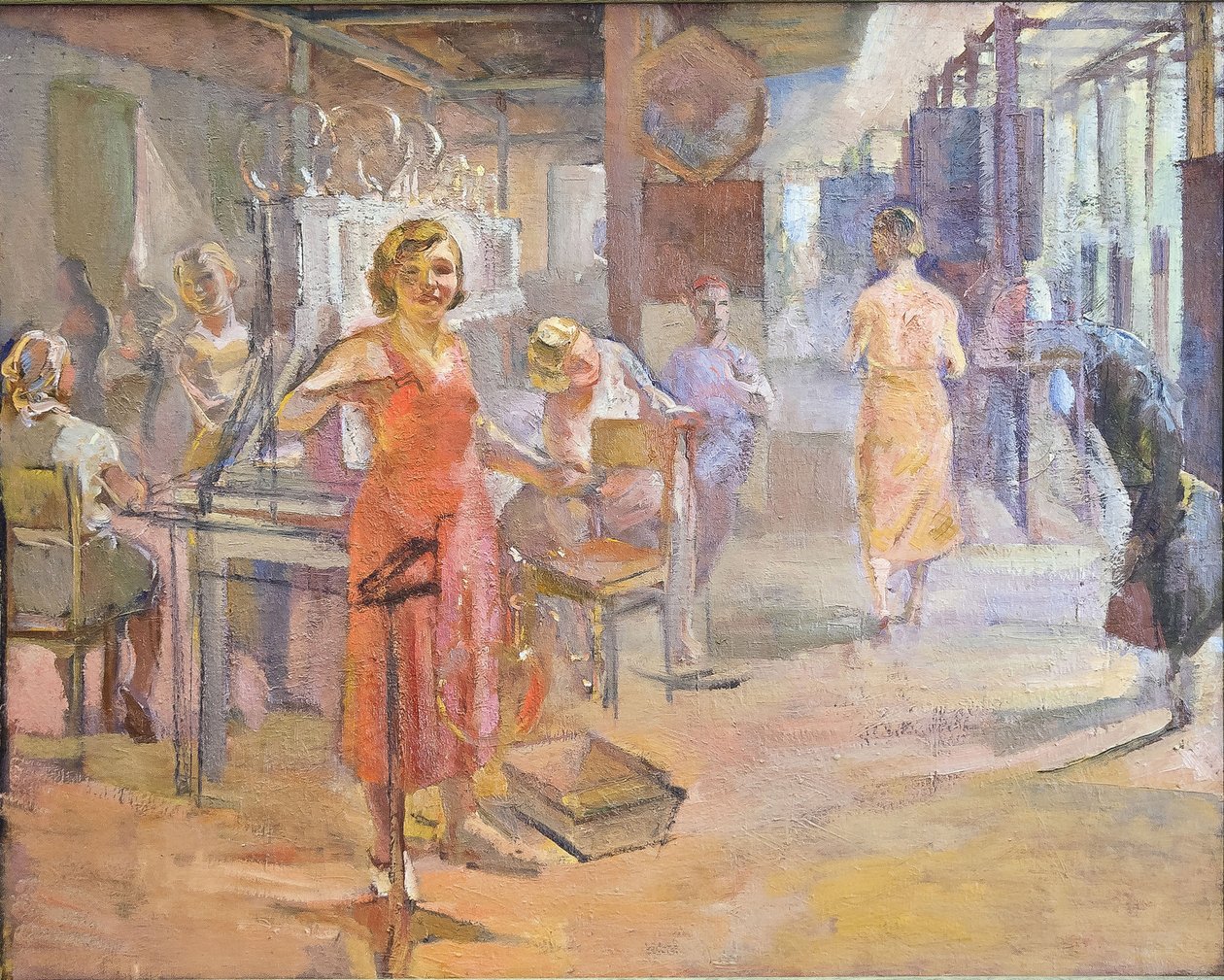 O Plano Quinquenal - A fábrica elétrica ""Svetlana"" em Leningrado por Sittaro, Alexei Gumbertovich (1906-1942). Óleo sobre tela, tamanho: 174x2 de Alexei Gumbertovich Sittaro