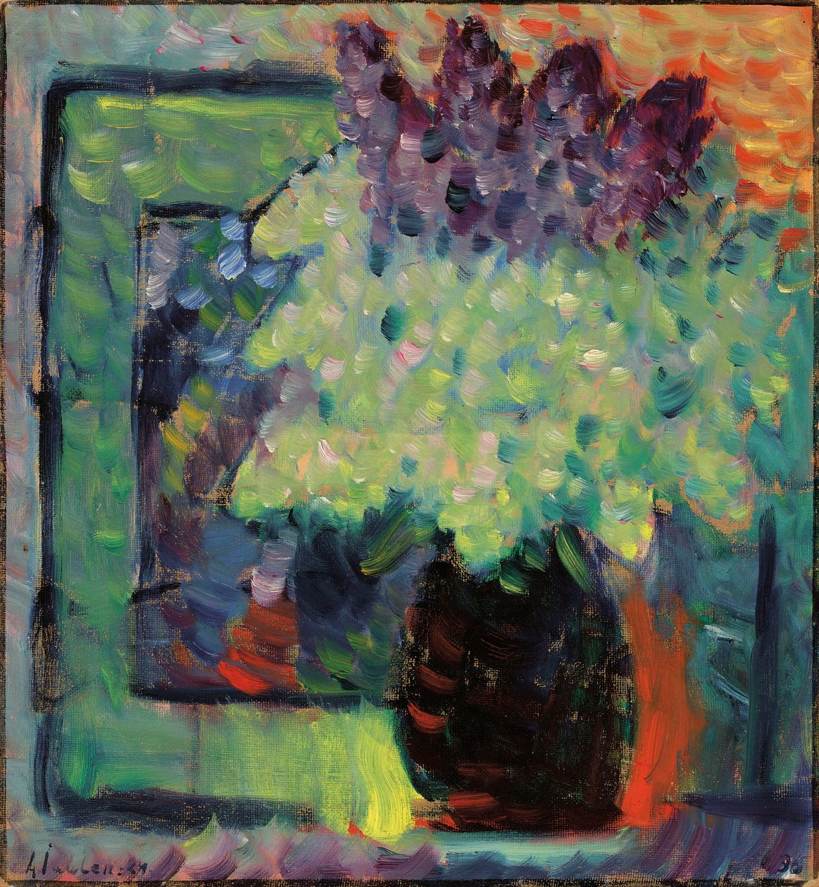 Grande buquê lilás de natureza morta em vaso, 1936. de Alexei Javlensky von