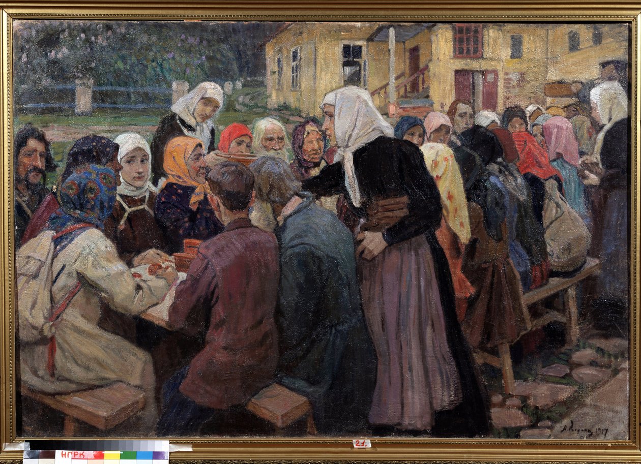 A refeição. Uma longa mesa montada no jardim, servindo o almoço a uma multidão de pessoas, as mulheres serviçais usando lenços brancos. Pintura de Alexei Mikhaylovich Korin (Korine) (1865-1923), óleo sobre tela de Alexei Mikhailovich Korin