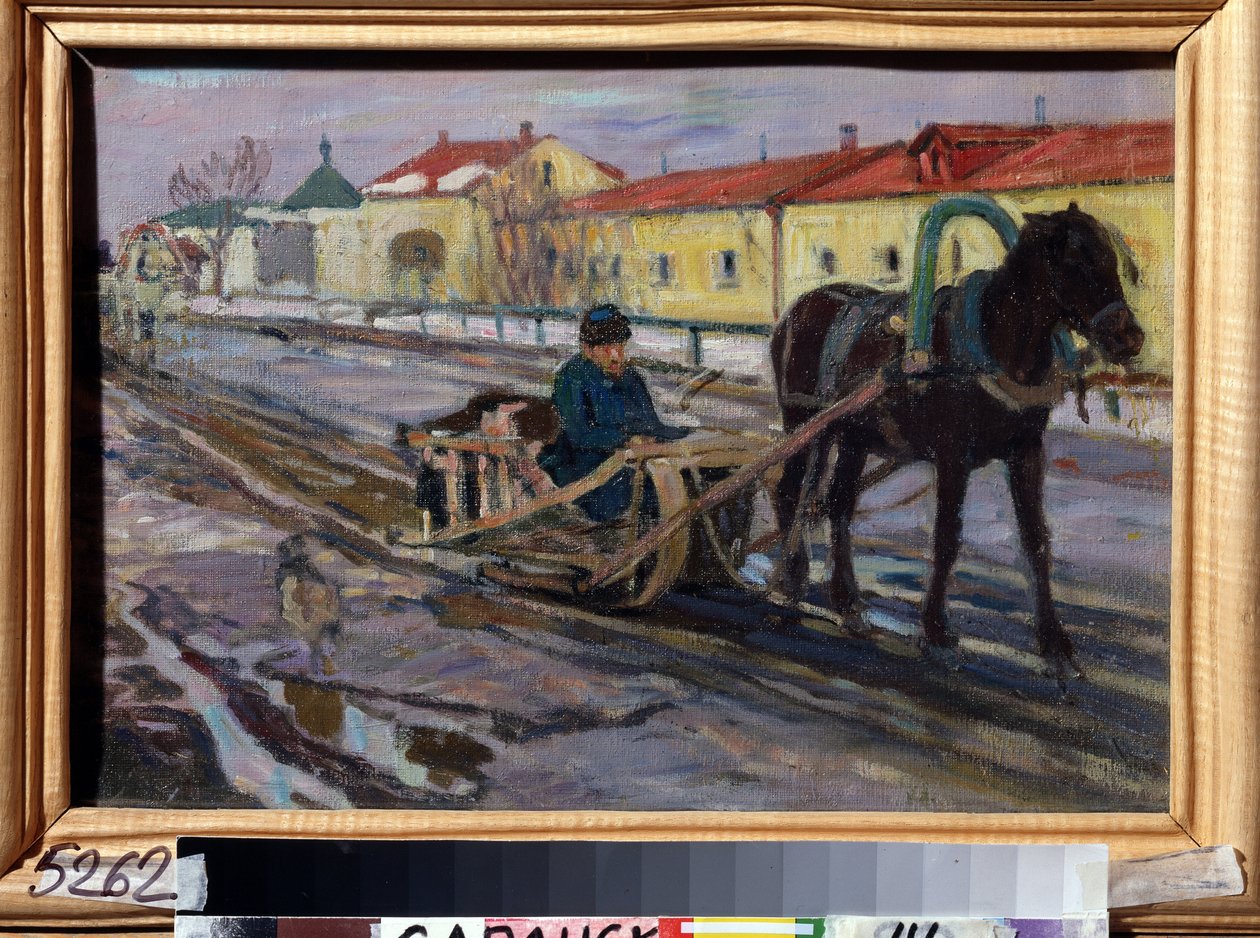 Trenó a cavalo (Passeio de trenó). Na rua de uma vila russa, no inverno, um homem dirige uma equipe. Pintura de Alexei Mikhaylovich Korin (Korine) (1865-1923), óleo sobre tela de Alexei Mikhailovich Korin