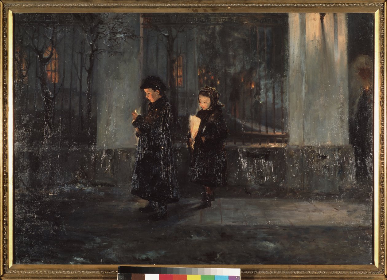 Quinta-feira Santa. Duas meninas, segurando velas, à noite, vão à igreja para a celebração da Páscoa. Pintura de Alexei Nikolaievich Ostrogradsky (1867-1943), óleo sobre tela de Alexei Nikolayevich Ostrogradsky