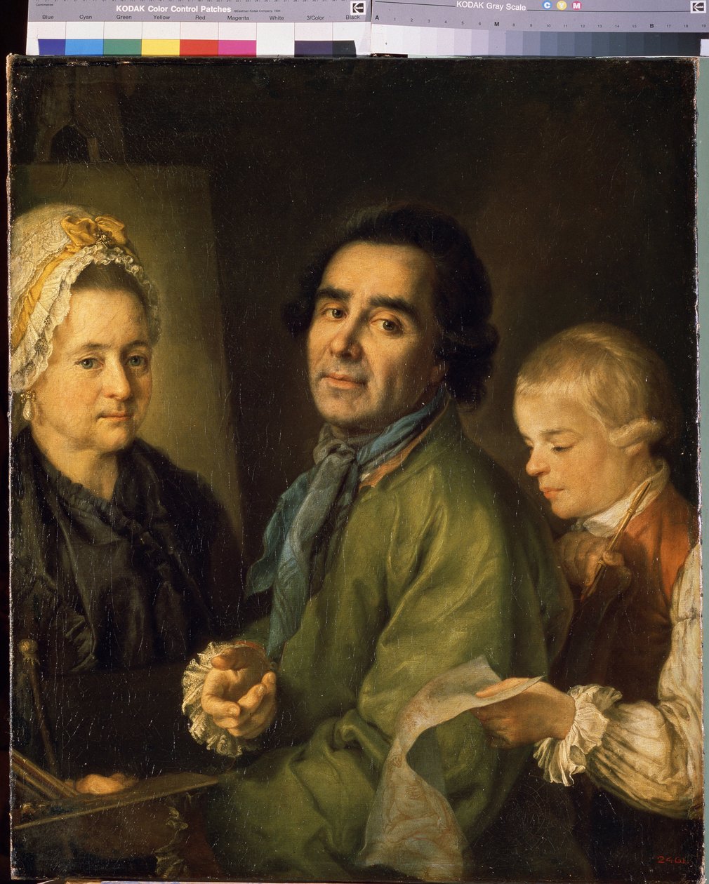 Retrato do artista Alexei P.Antropov (1716-1795) com seu filho (Retrato do artista Alexei P.Antropov com seu filho). Pintura de Petro Semyonovich Drozhdin (1745-1805), óleo sobre tela de Alexei Petrovich Antropov