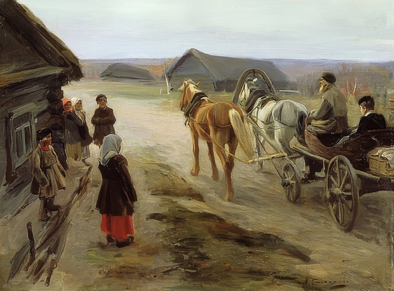 Um professor da escola chega na vila. 1908-14 de Alexei Steipanovitch Stepanov
