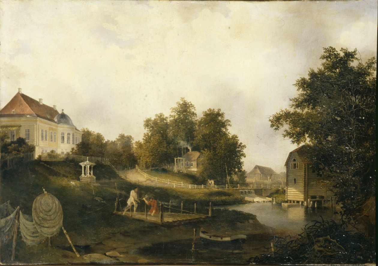 Vista na propriedade rural modesta de Rezvois, Marienhof, perto de Petersburgo, 1846 de Alexei Yakovlevich Voloskov