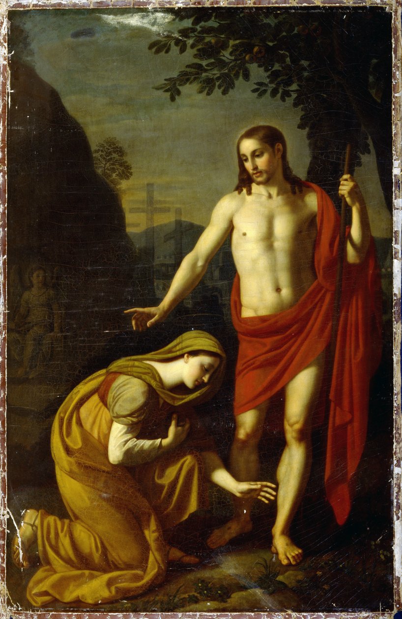 Noli Me Tangere. (Não me toque). Palavras de Jesus durante sua ressurreição, dirigidas a Maria de Magdala (Maria Madalena), ao fundo, as cruzes de tortura no Monte Gólgota. Pintura de Alexei Yegorovich Yegorov (1776-1851), óleo sobre tela de Alexei Yegorovich Yegorov