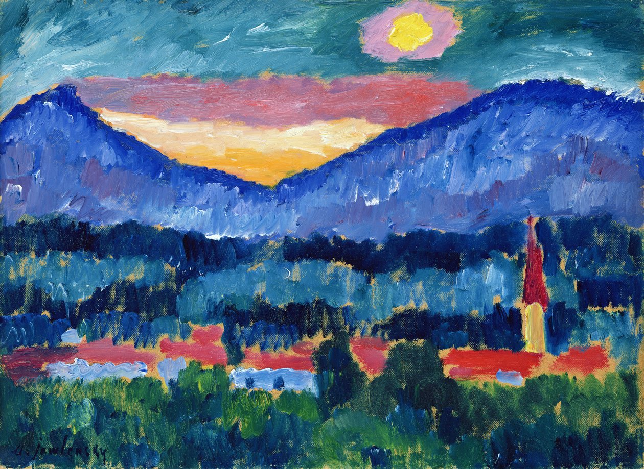 Aldeia de Montanha, 1910 (óleo em papelão) de Alexej von Jawlensky