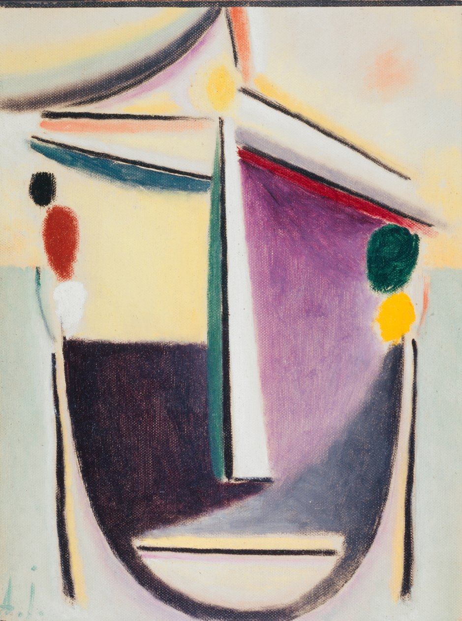 Cabeça abstrata: Preto-Amarelo-Púrpura, c.1922 (óleo sobre papelão) de Alexej von Jawlensky