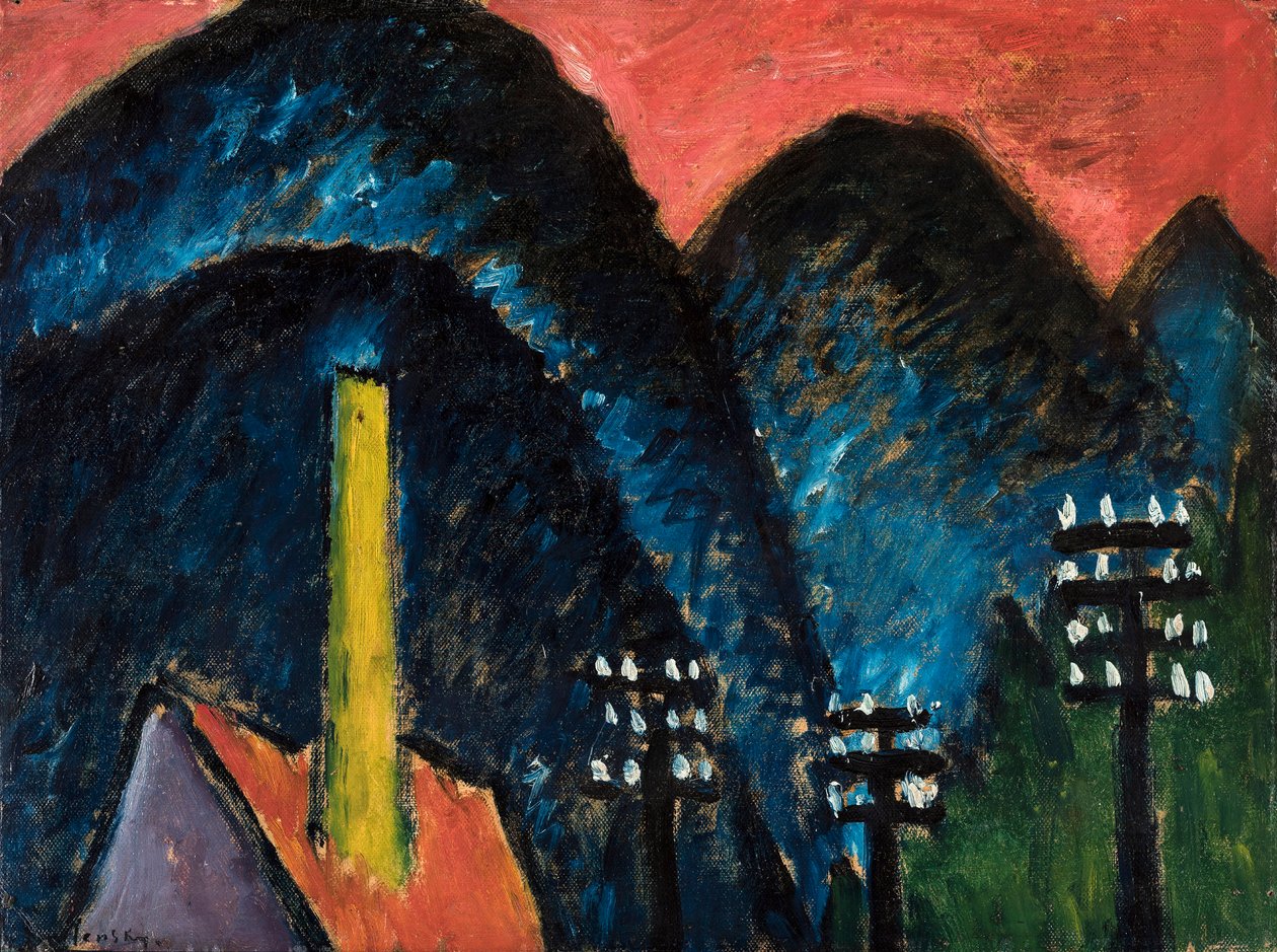 Paisagem azul das montanhas com chaminé amarela, 1912. de Alexej von Jawlensky