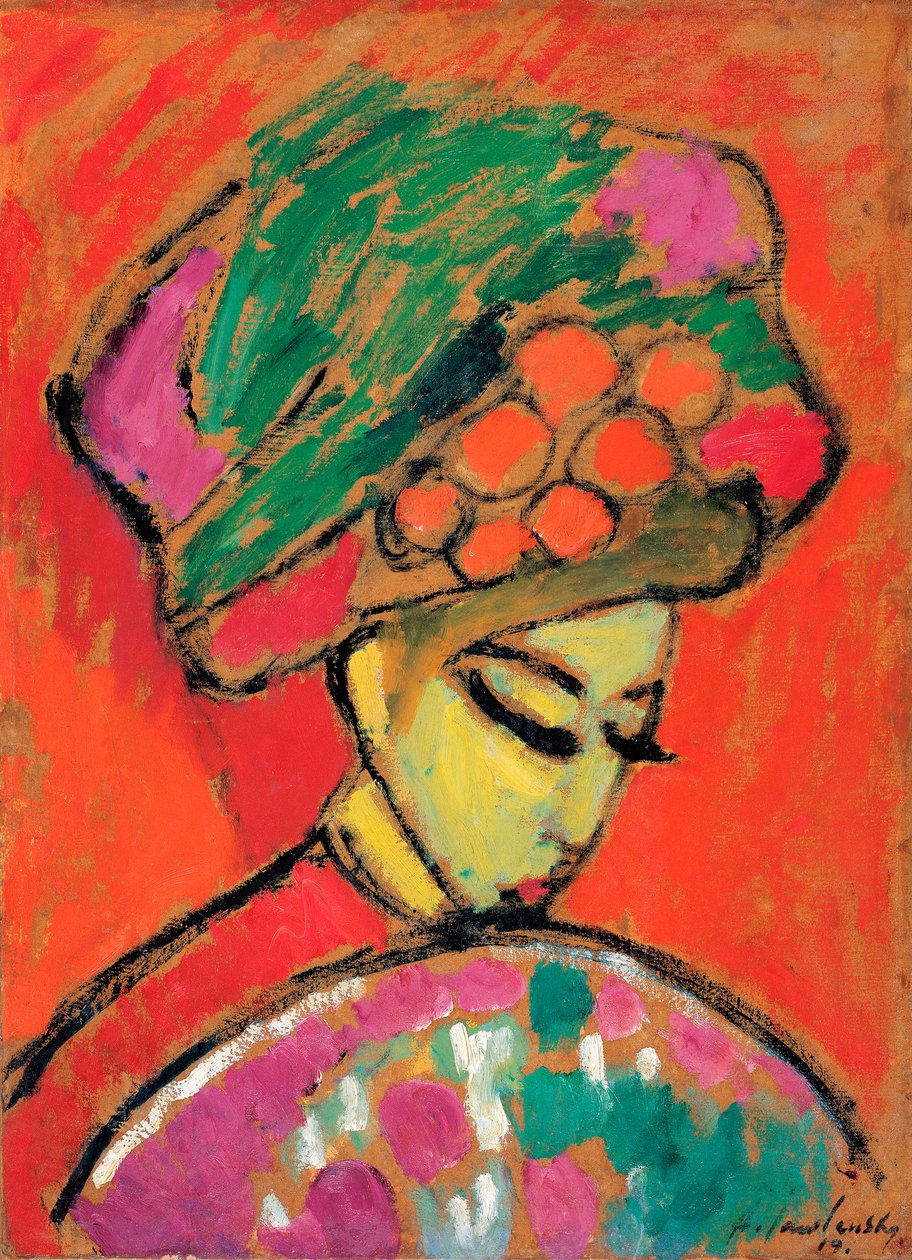 Menina com um chapéu florido - Pintura por Alexei von Javlensky (1864-1941) óleo sobre cartão, 67,5x49 cm de Alexej von Jawlensky