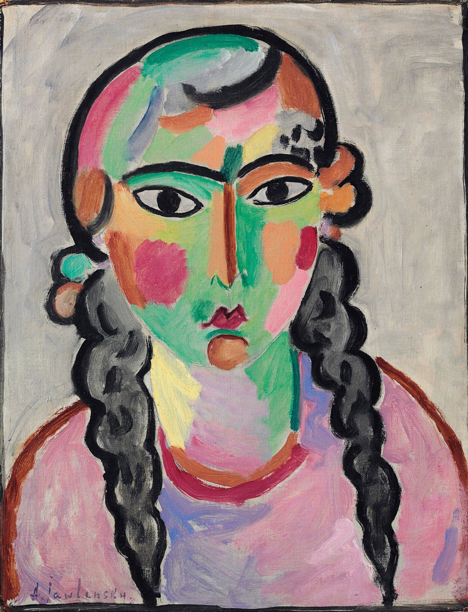La fille pale aux tresses grises - A Pale Girl with Grey Pigtails, de Alexej von Jawlensky (Javlensky) (1864-1941). Óleo sobre papel, c. 1916. Dimensão : 63,5x49,5 cm. Coleção Particular de Alexej von Jawlensky