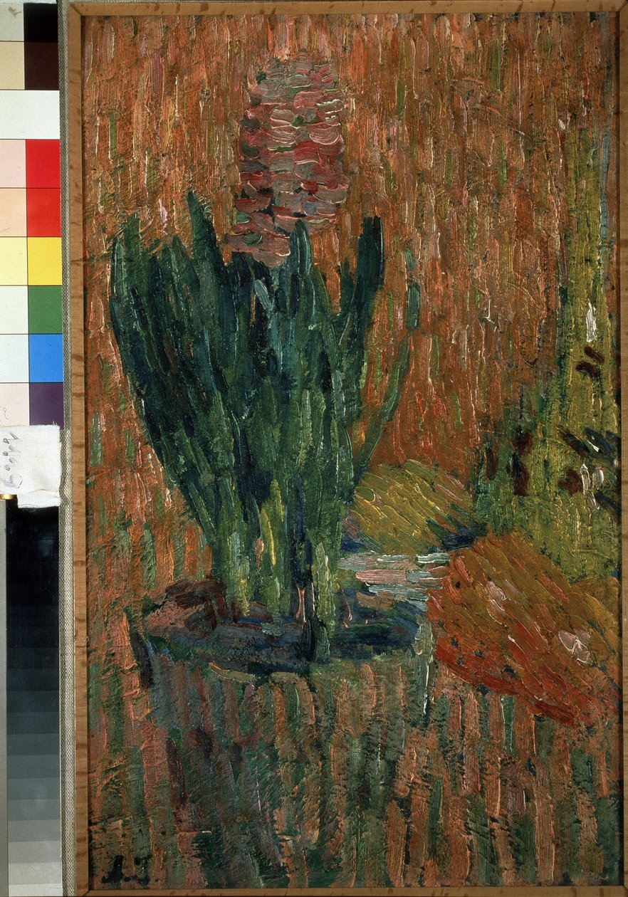 Natureza morte (Natureza Morta). Fleur en pot sur un coin de table. Oeuvre de Alexei von Javlensky (Alexi von Jawlensky, Alexei von Javlensky) (1864-1941), huile sur carton de Alexej von Jawlensky