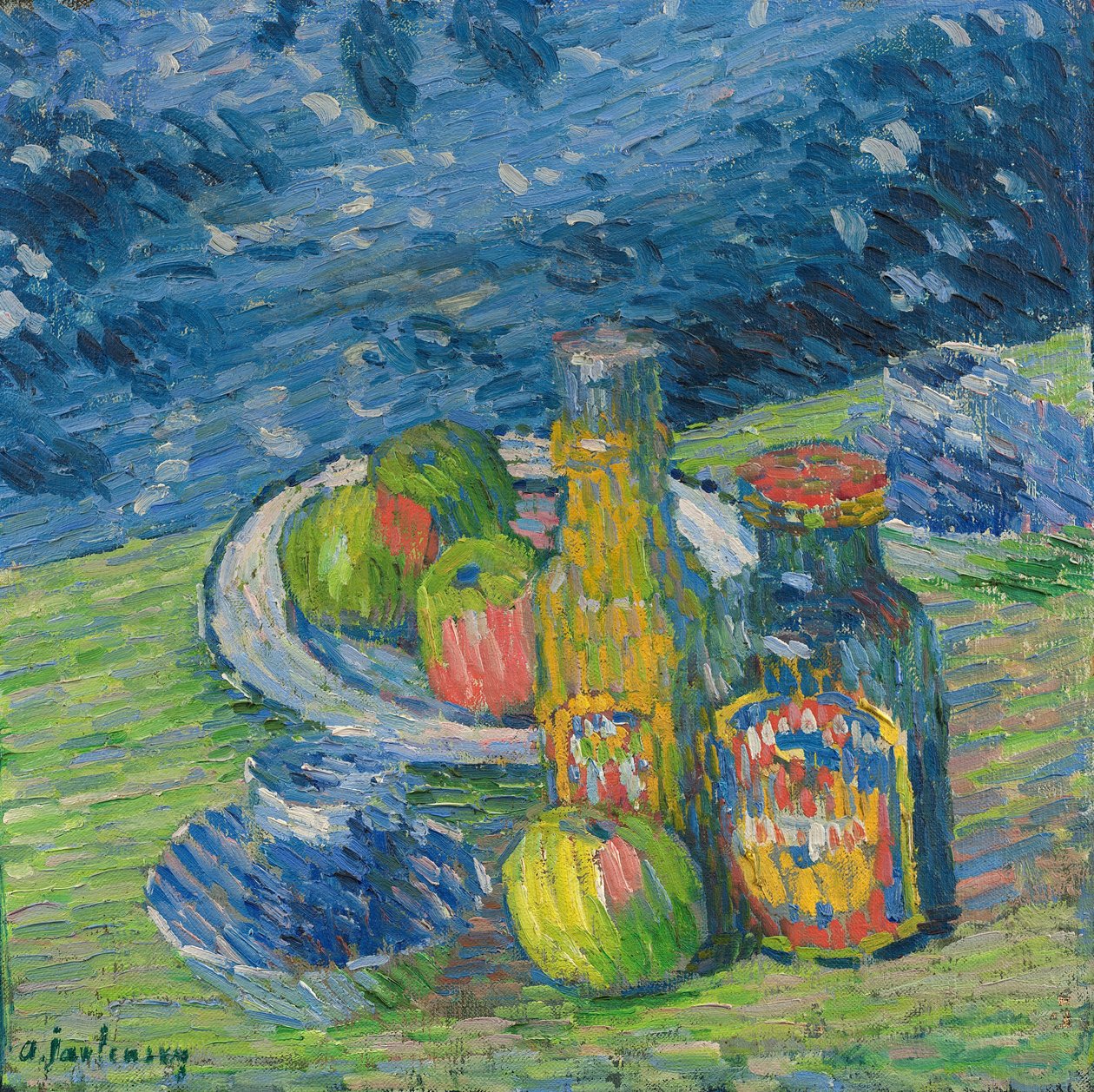 Natureza morta com garrafas e frutas de Alexej von Jawlensky