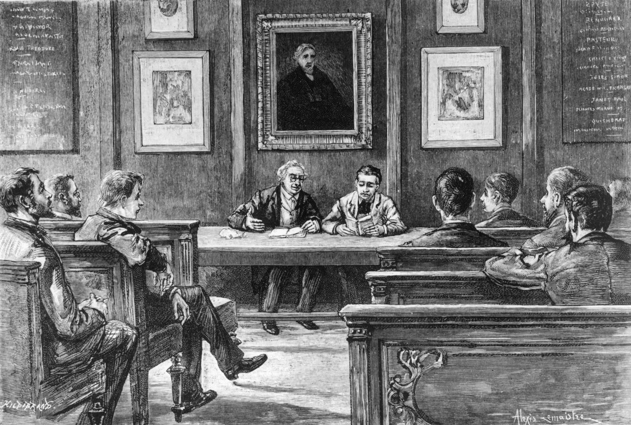 Uma aula de pronúncia de discurso na École Normale Supérieure em Paris, de Notre Grandes Ecoles por Louis Rousselet, Hachette, Paris, 1888 (foto bw) de Alexis Lemaistre