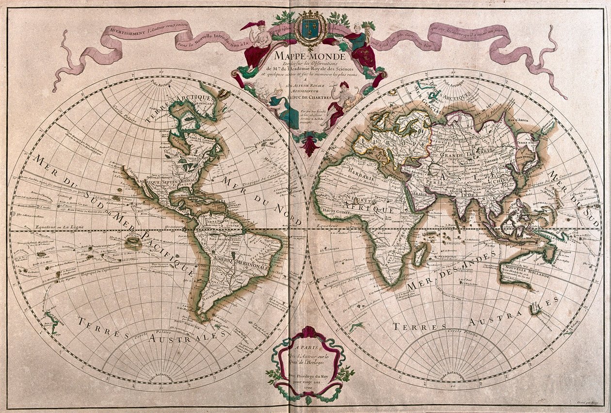 O mundo, por A.H. Jaillot em "Atlas Français" - Paris de Alexis Hubert Jaillot