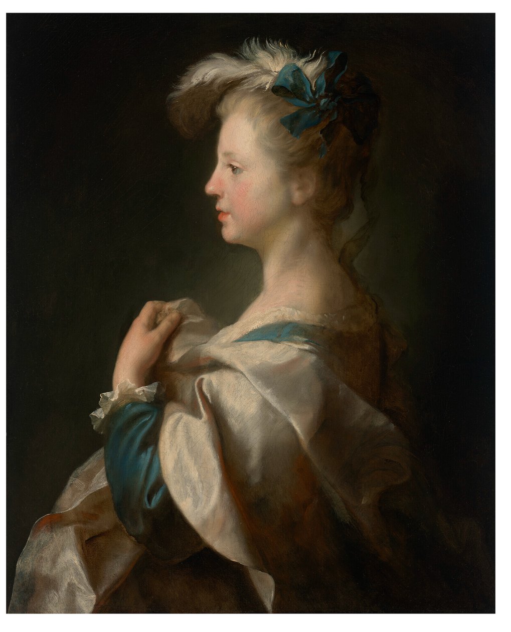 Retrato de uma rapariga, a meio comprimento, de perfil, com um vestido de fantasia de Alexis Grimou