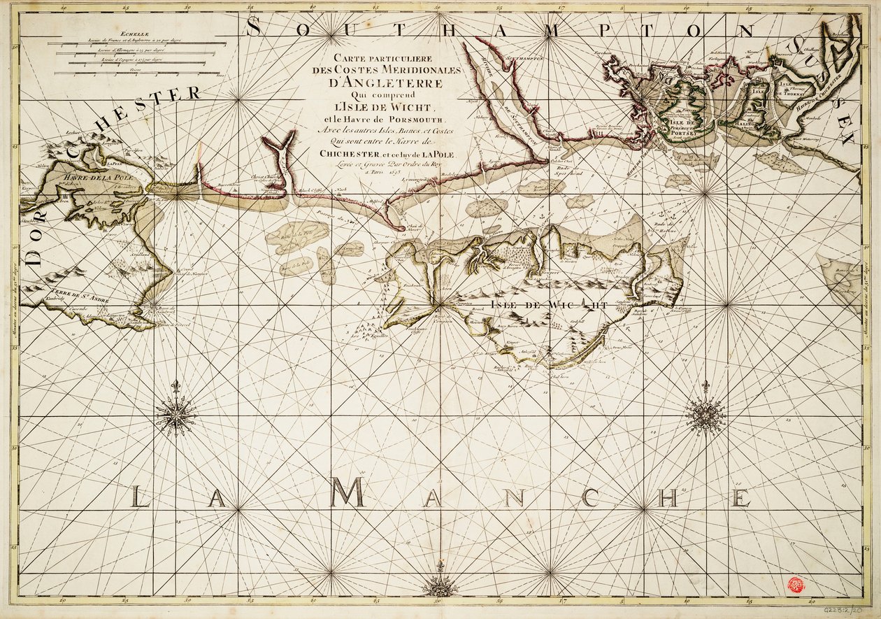 Carta da costa inglesa, da ilha de Wight e do porto de Portsmouth de Alexis Hubert Jaillot