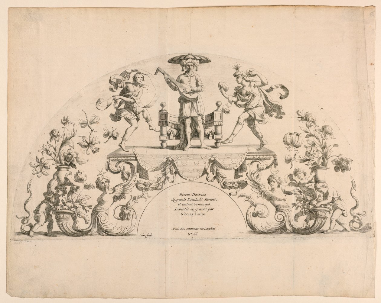 Placa de título de "Desenhos diversos para grandes ventiladores, telas e outros ornamentos" de Alexis Loir