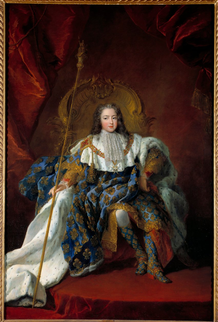 Retrato de Luís XV (1710-1774) criança no seu trono coberto pelo traje e atributos da Pintura sagrada de Alexis Simon Belle (1674-1734) 1723 Sol. 2,26x1,8 m - Retrato de Luís XV (1710-1774), como uma criança no seu trono com vestido de coroação - Pai de Alexis Simon Belle