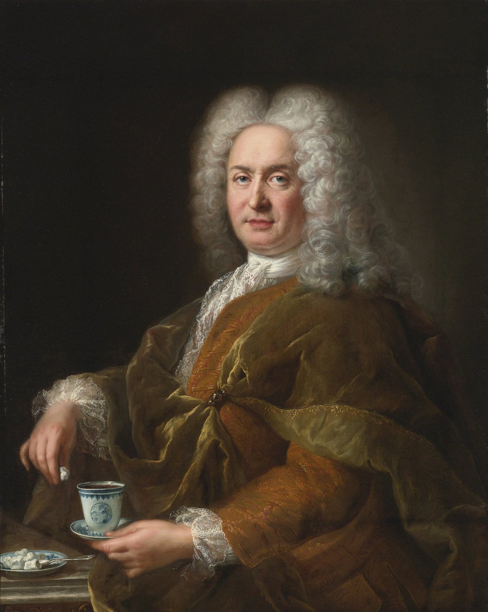 Retrato de um cavalheiro segurando uma xícara de chocolate de Alexis Simon Belle