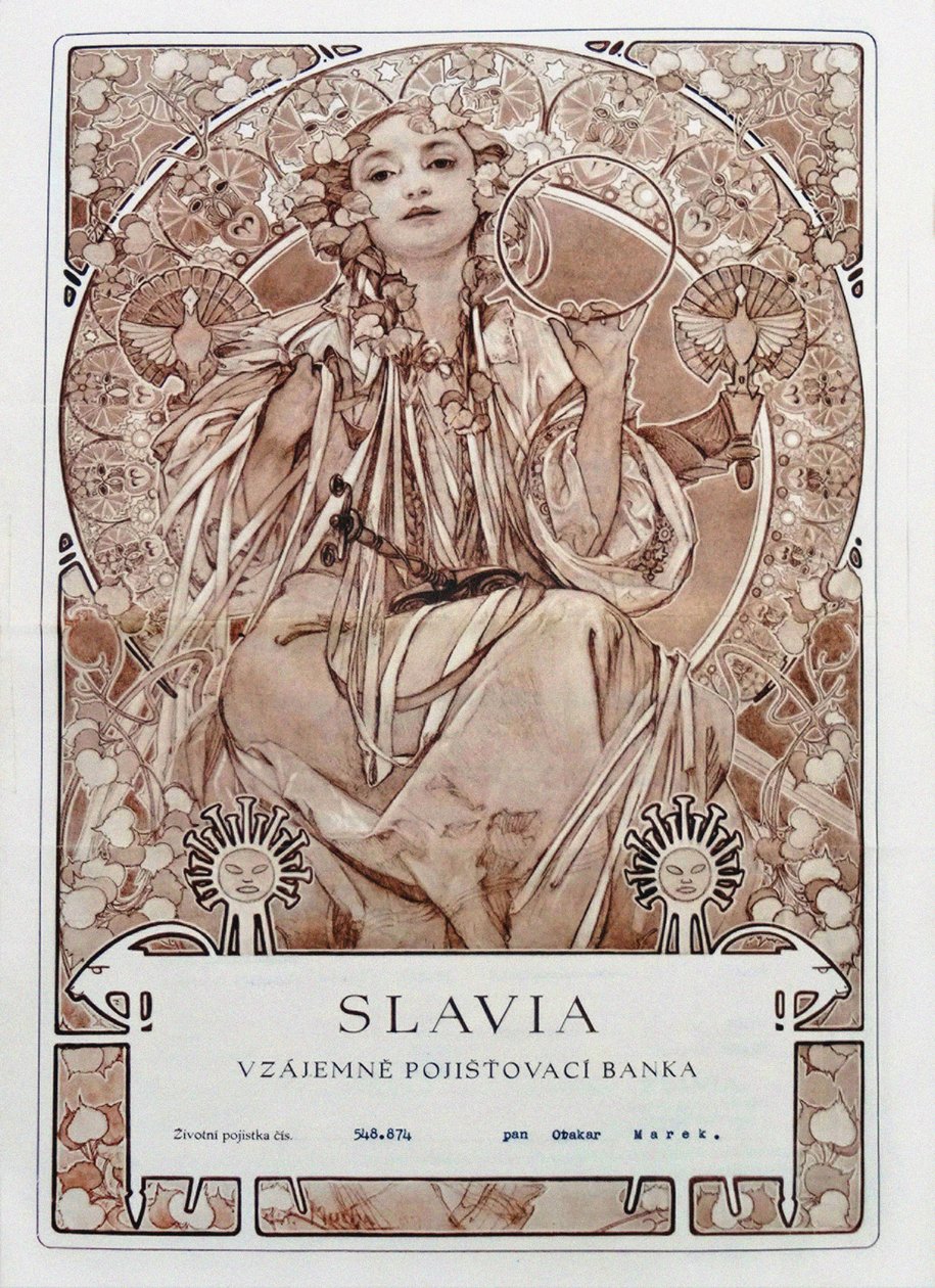 Apólice de seguro da Companhia de Seguros Slavia, 1942. de Alfons Marie Mucha