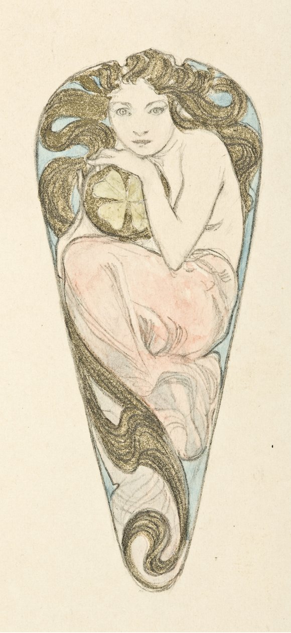 Projeto em miniatura para pingente de um fecho de corpete grande, c. 1900. de Alfons Marie Mucha